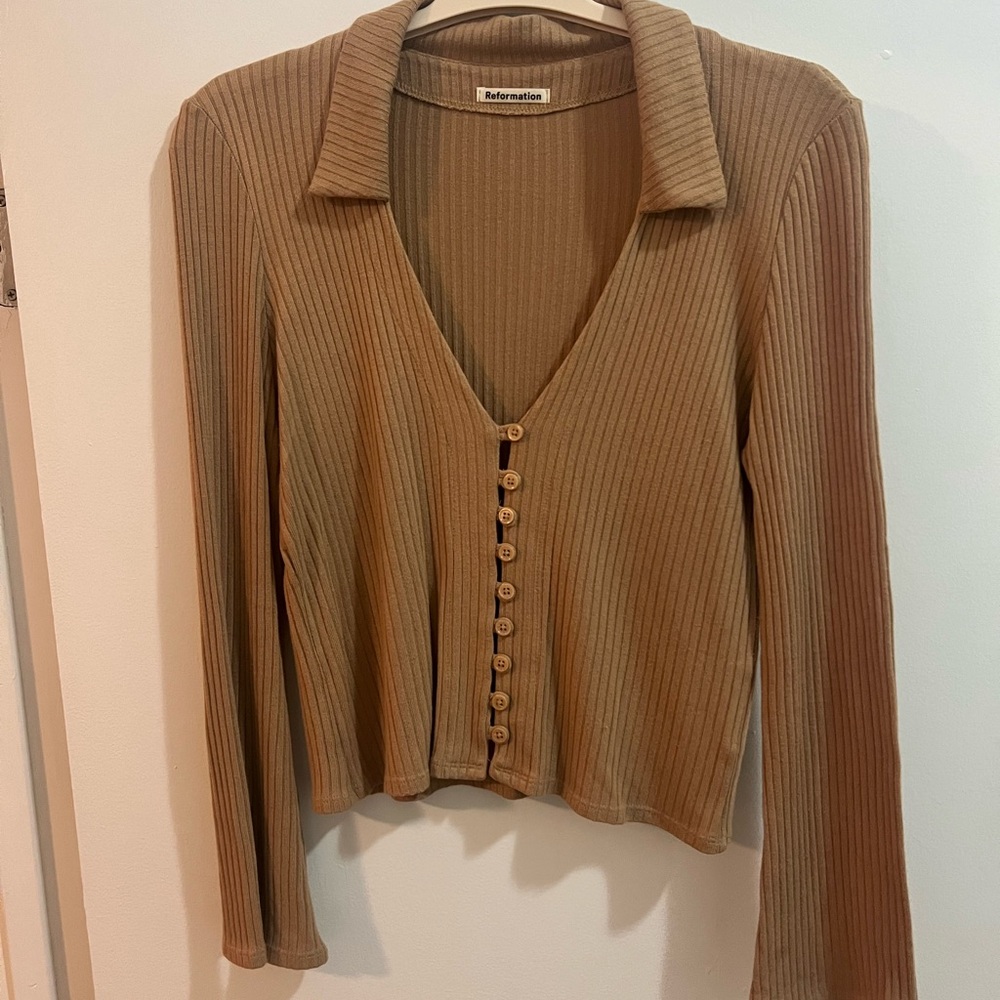 Reformation Tan Ribbed Sweater Top